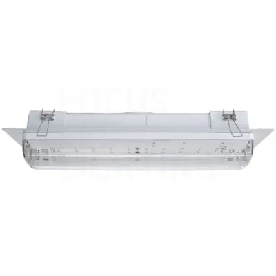 Rectangular LED light fixture with a transparent cover, metal brackets on each side, and visible internal components.